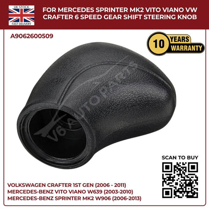 Black Leather 6‑Speed Gear Shift Knob – Fits Mercedes Sprinter MK2 W906 (2006‑2013, 3.5T / 4.5T)