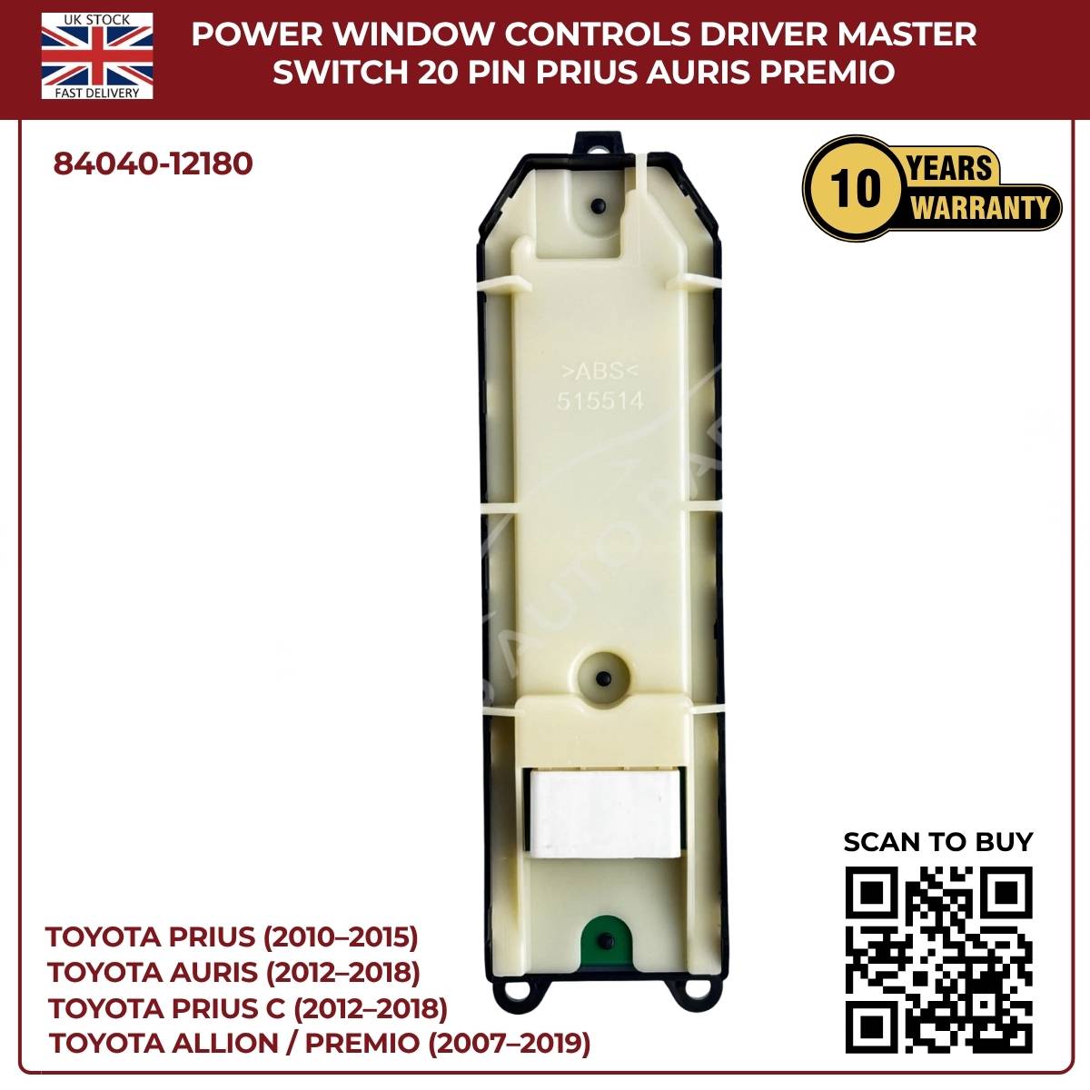 Toyota Lexus Driver Master Power Window Switch – Lock Control Buttons (OEM 84040‑12180, CT200h Prius Corolla)