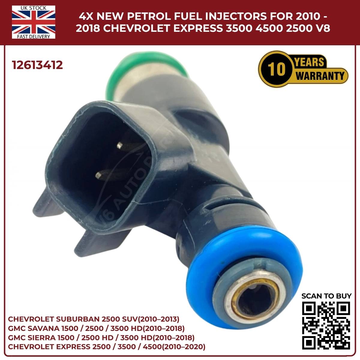 4× Fuel Injectors 12613412 – Fits 2010–2013 Chevrolet Suburban 2500 HD 6.0L V8 Petrol