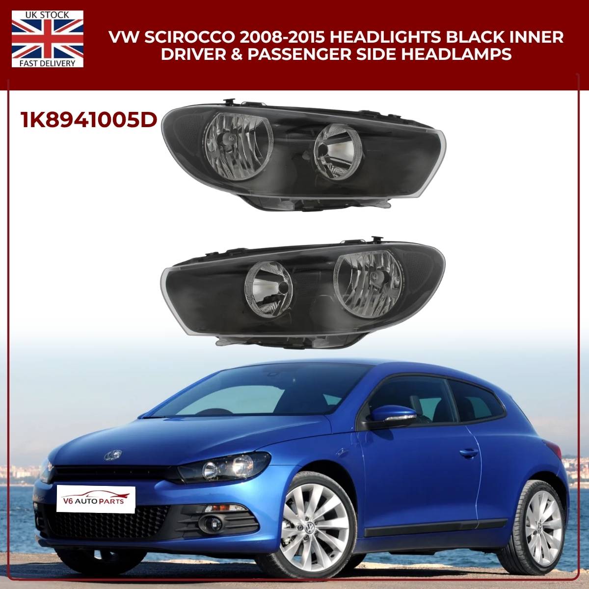 VW Scirocco MK3 Halogen Headlights (2008–2015) — Black Inner, Left & Right