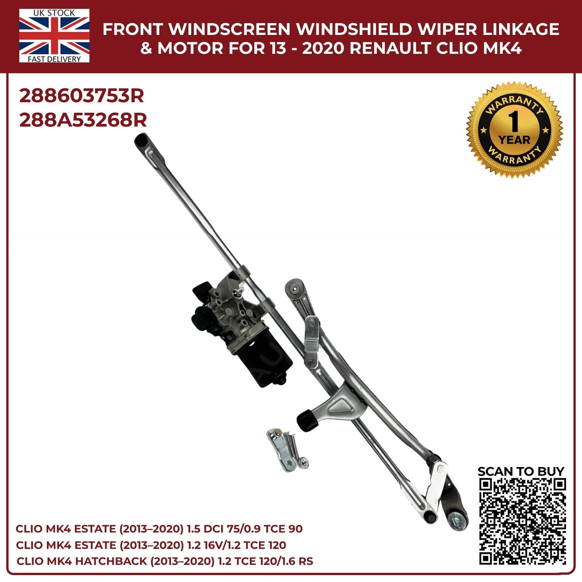 Front Windscreen Wiper Linkage Arm & Motor for Renault Clio MK4 (2013–2020) RHD