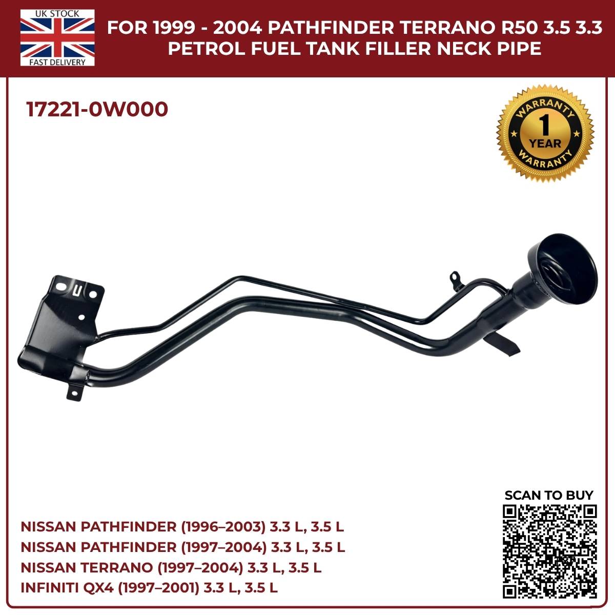 Replacement Fuel Tank Filler Neck Pipe – Nissan Pathfinder / Terrano R50 (1999–2004, 3.3L & 3.5L Petrol, OEM 17221-0W000)