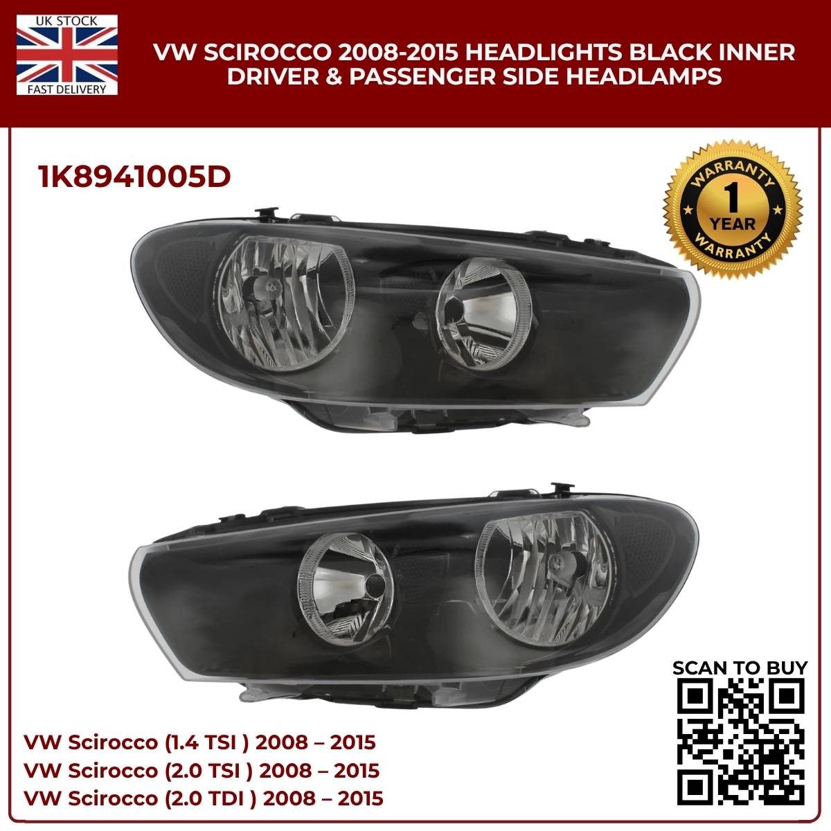 Image of Front Left and Right Halogen Headlights for VW Scirocco MK3 1K8941005D