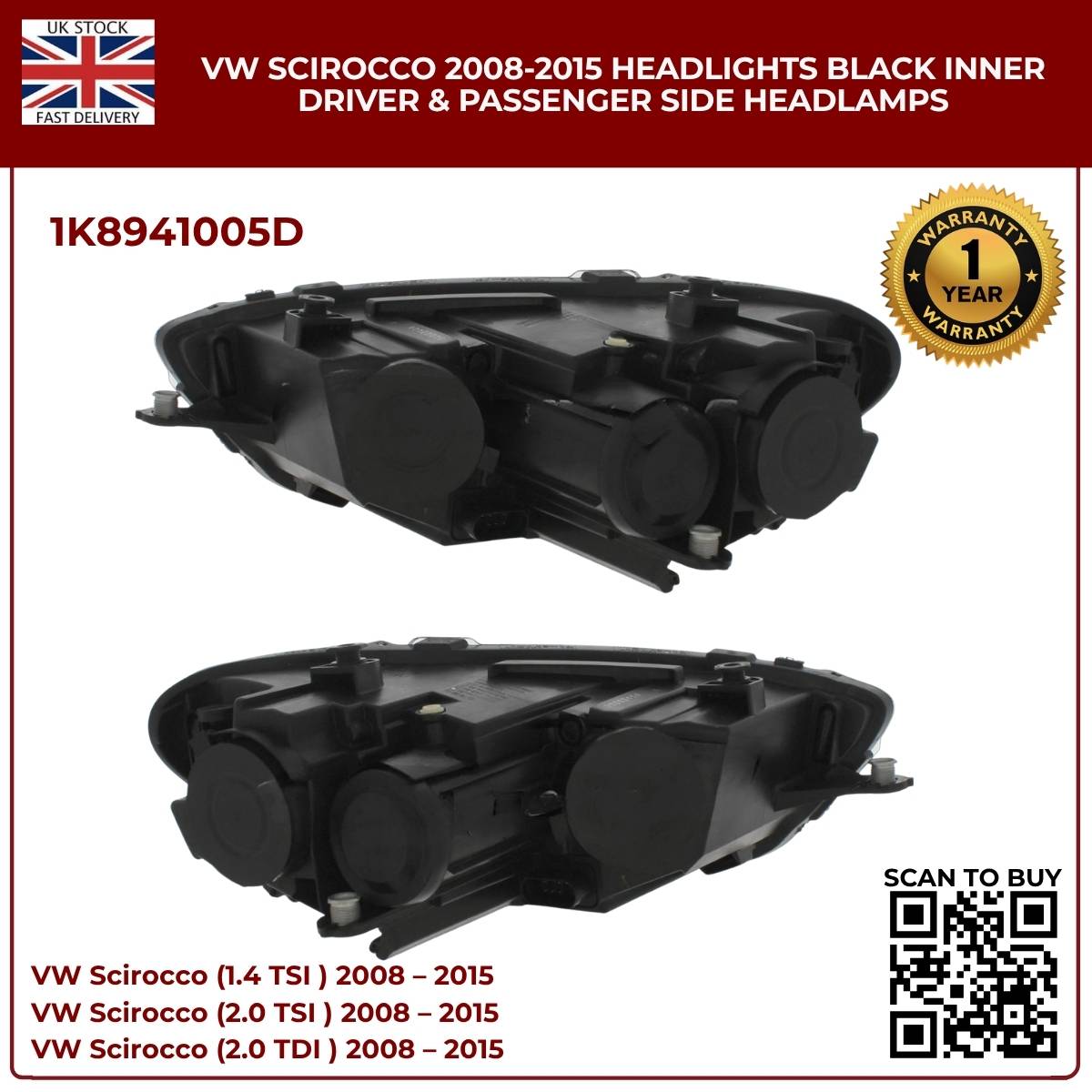 Image of Volkswagen Scirocco MK3 Left Right Halogen Headlamp Pair Black Housing 1K8941005D