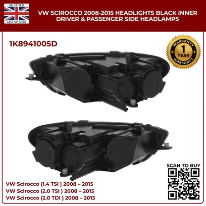 Image of Volkswagen Scirocco MK3 Left Right Halogen Headlamp Pair Black Housing 1K8941005D
