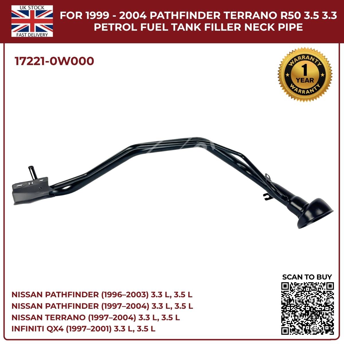Replacement Fuel Tank Filler Neck Pipe – Nissan Pathfinder / Terrano R50 (1999–2004, 3.3L & 3.5L Petrol, OEM 17221-0W000)
