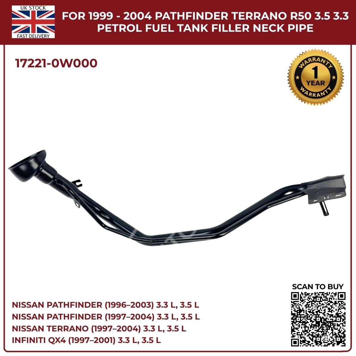Replacement Fuel Tank Filler Neck Pipe – Nissan Pathfinder / Terrano R50 (1999–2004, 3.3L & 3.5L Petrol, OEM 17221-0W000)