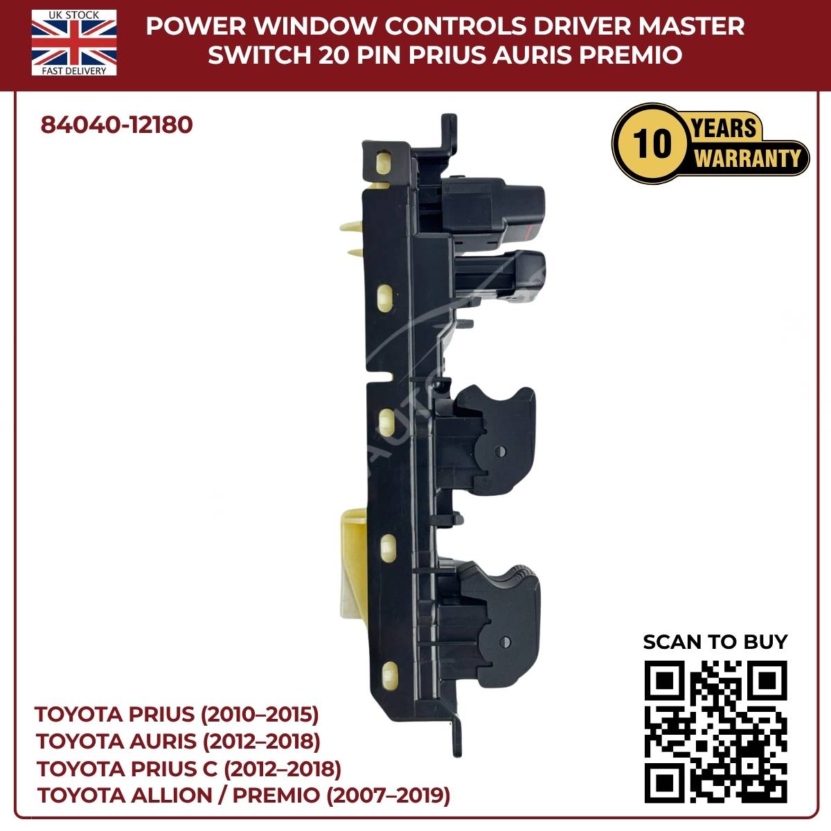 Toyota Lexus Driver Master Power Window Switch – Lock Control Buttons (OEM 84040‑12180, CT200h Prius Corolla)