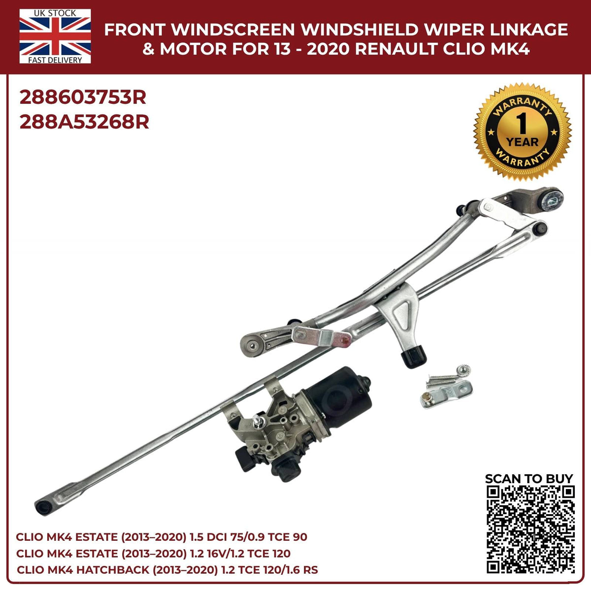 Front Windscreen Wiper Linkage Arm & Motor for Renault Clio MK4 (2013–2020) RHD