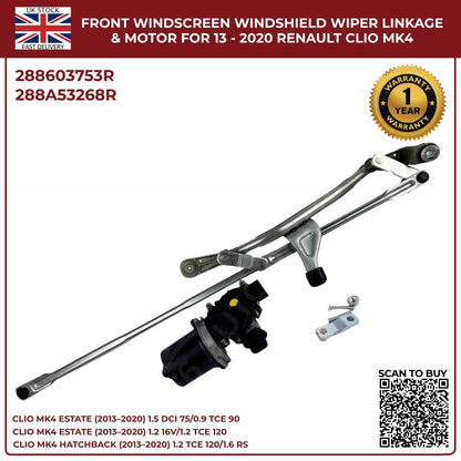 Front Windscreen Wiper Linkage Arm & Motor for Renault Clio MK4 (2013–2020) RHD