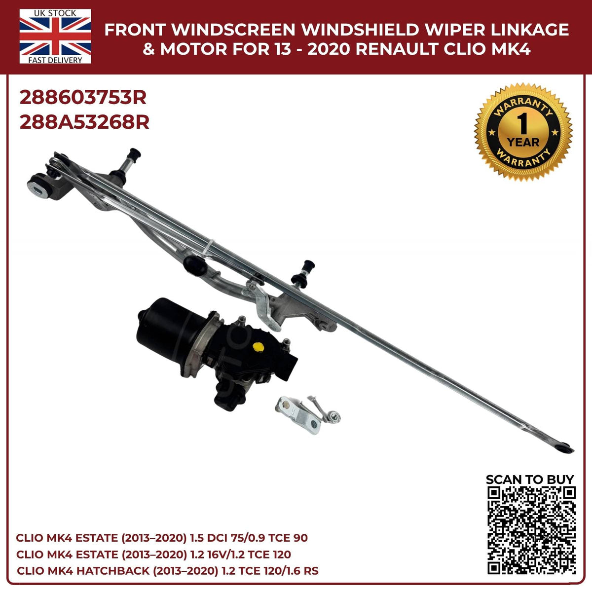 Front Windscreen Wiper Linkage Arm & Motor for Renault Clio MK4 (2013–2020) RHD
