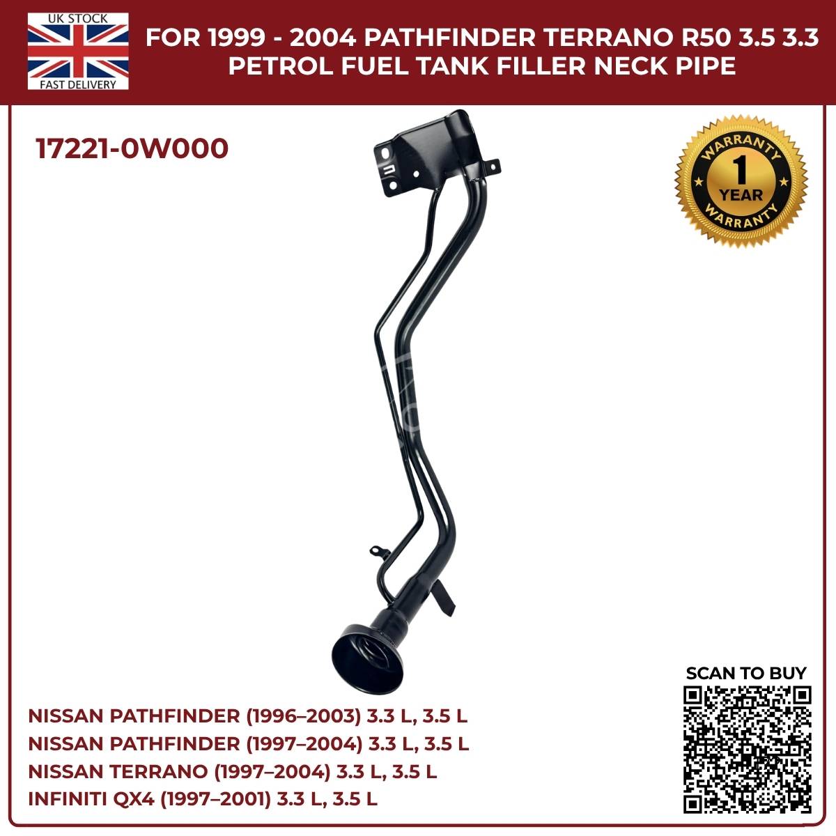 Replacement Fuel Tank Filler Neck Pipe – Nissan Pathfinder / Terrano R50 (1999–2004, 3.3L & 3.5L Petrol, OEM 17221-0W000)