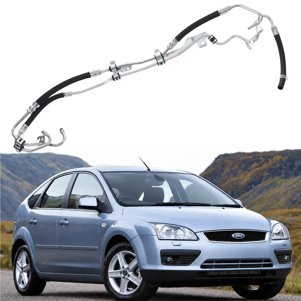 Image of replacement power steering pipe with fitted nuts OEM 1743278 for Ford Focus Mk2 and C-Max