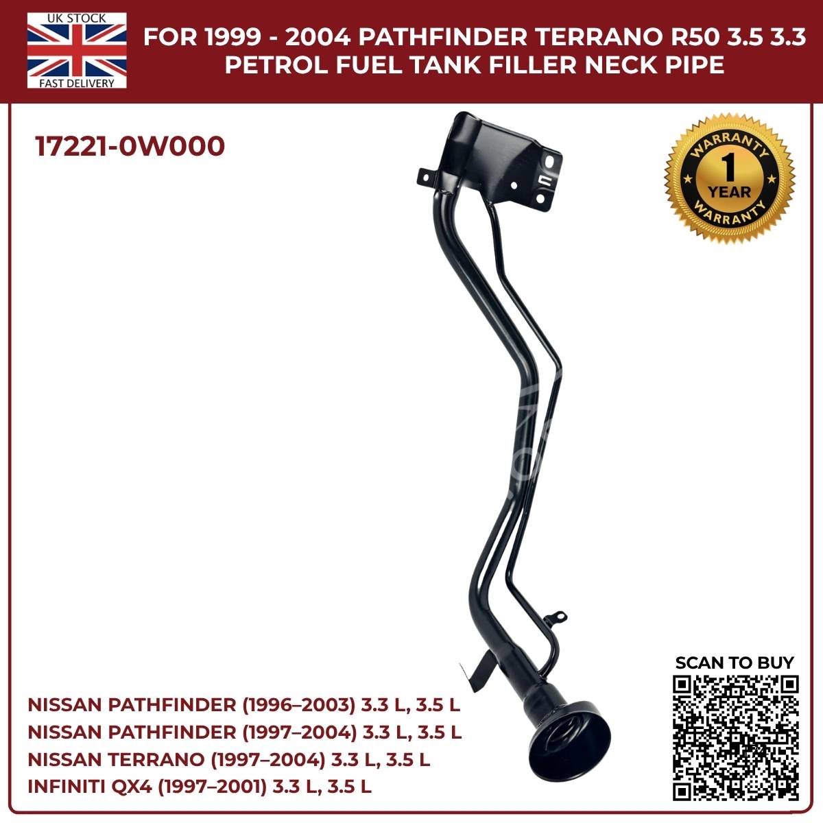 Replacement Fuel Tank Filler Neck Pipe – Nissan Pathfinder / Terrano R50 (1999–2004, 3.3L & 3.5L Petrol, OEM 17221-0W000)