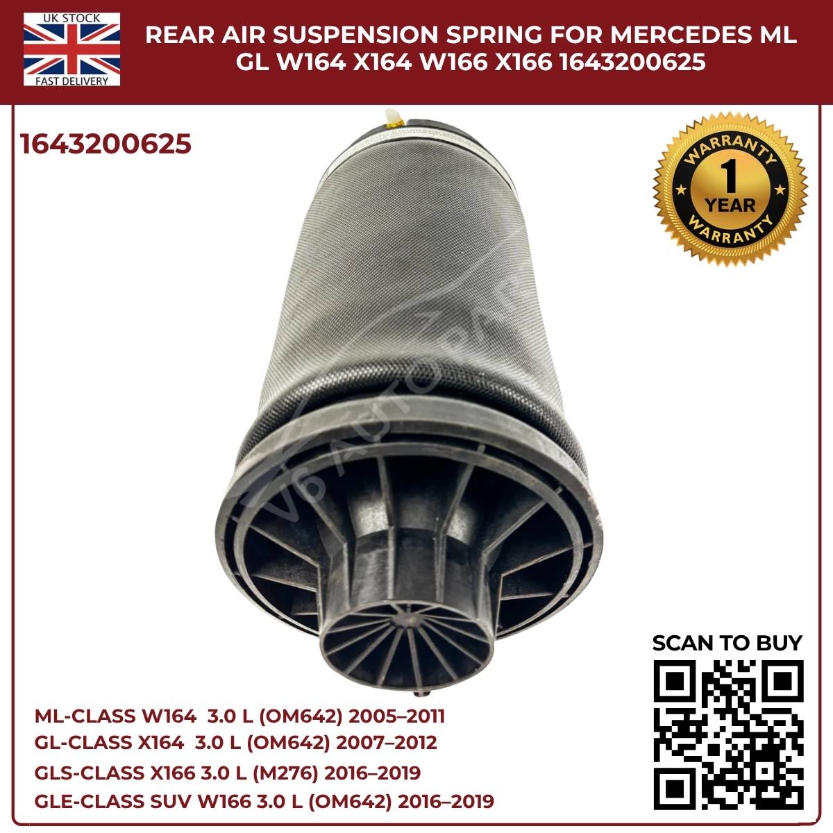 Image of replacement rear air spring bag and shock strut OEM 1643200625 for Mercedes ML & GL