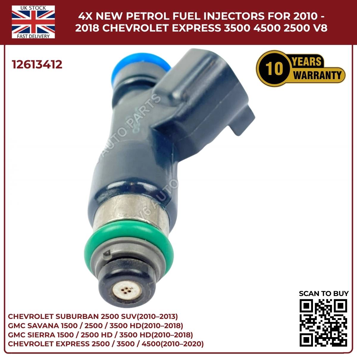 4× Fuel Injectors 12613412 – Fits 2010–2013 Chevrolet Suburban 2500 HD 6.0L V8 Petrol