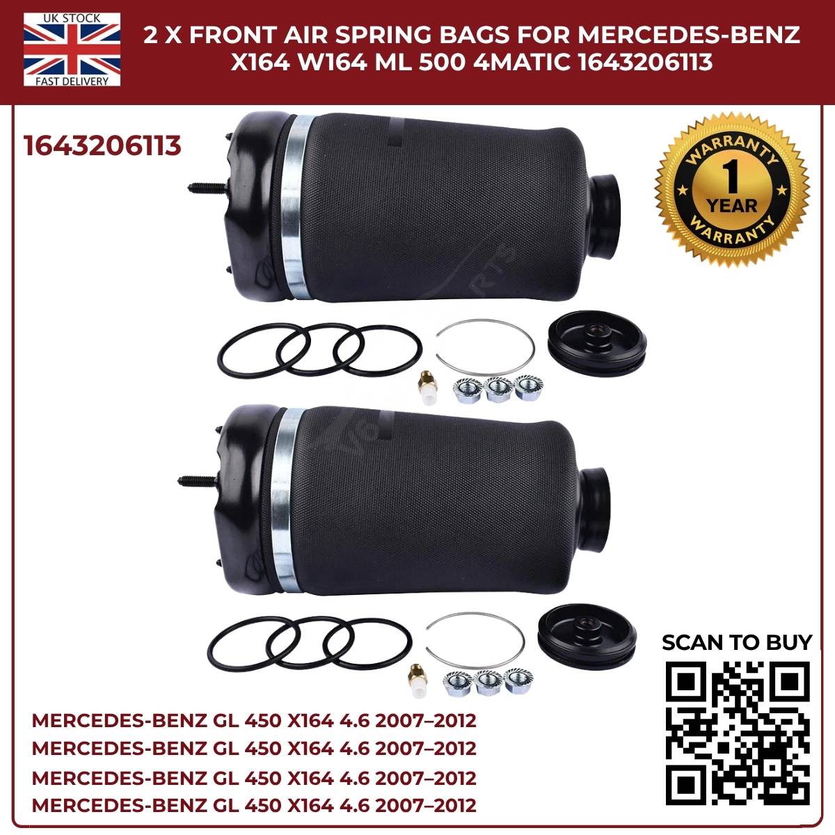 Image of replacement front air suspension bags pair 1643206113 for Mercedes GL & ML Class
