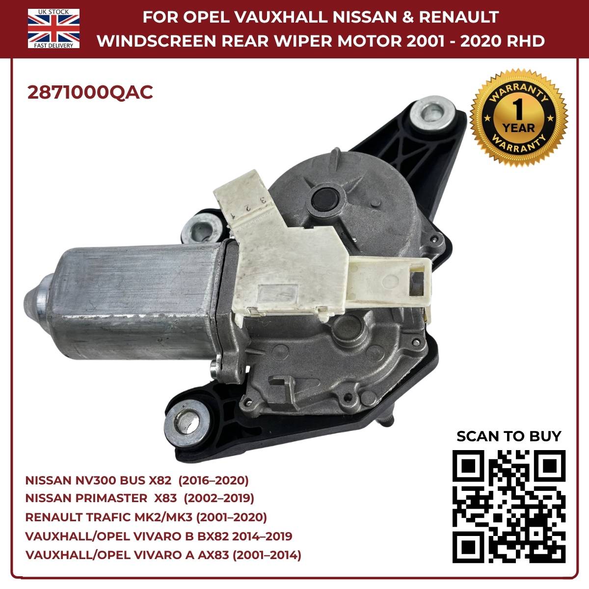 image of Vauxhall Vivaro B Rear Window Wiper Motor Assembly Part 2871000QAC