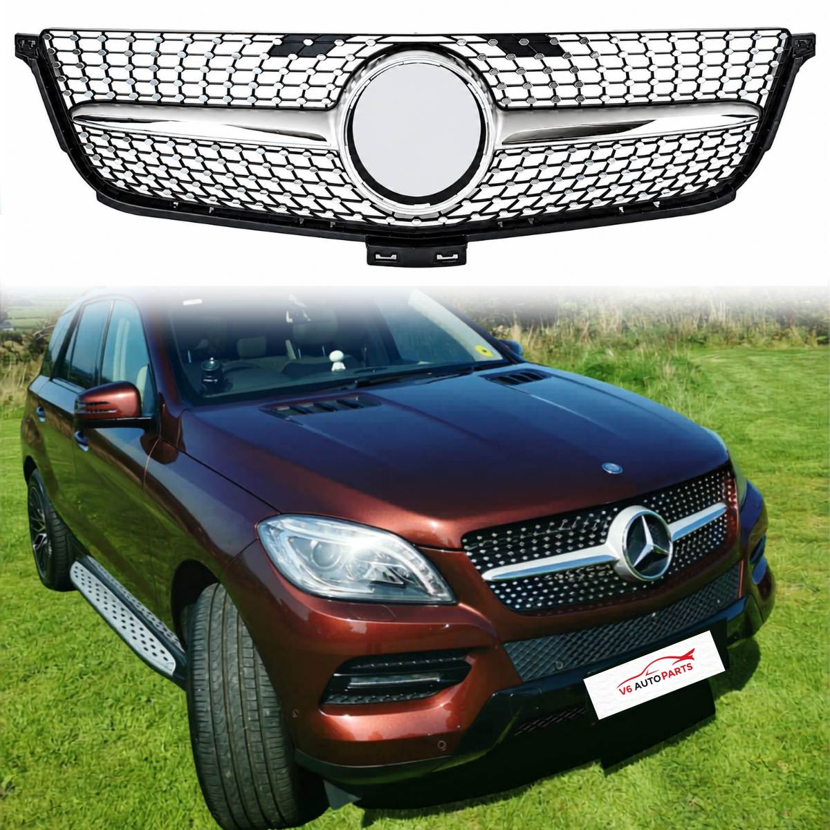 For Mercedes M‑Class W166 ML300/320/400 Front Radiator Grille (2012–2016) – Diamond Chrome
