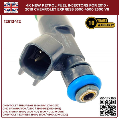 4× Fuel Injectors 12613412 – Fits 2010–2013 Chevrolet Suburban 2500 HD 6.0L V8 Petrol
