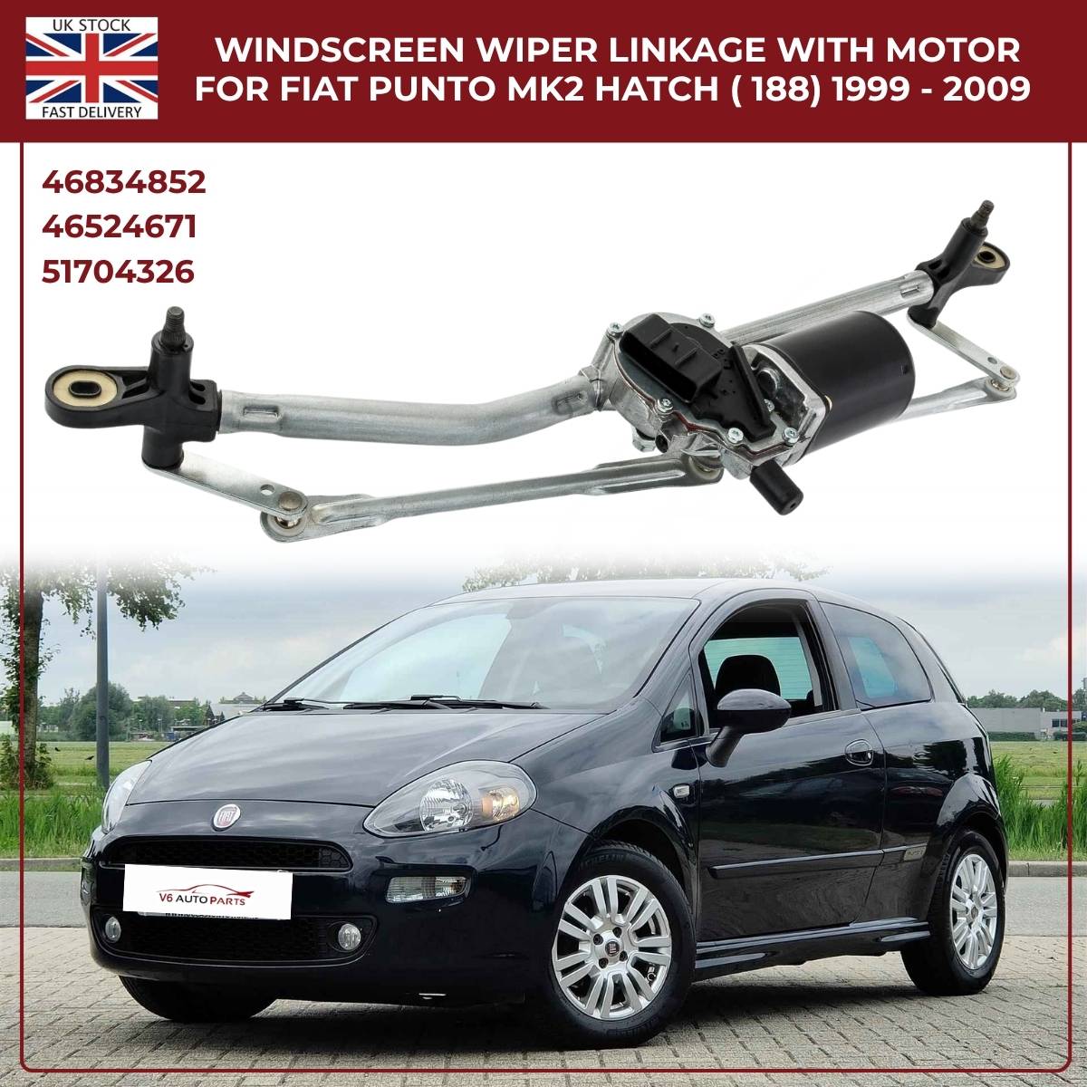 Front Windscreen Wiper Motor & Linkage – Fiat Punto Mk2 Hatchback (188) 1999–2009 | OEM Replacement #46524671 | RHD
