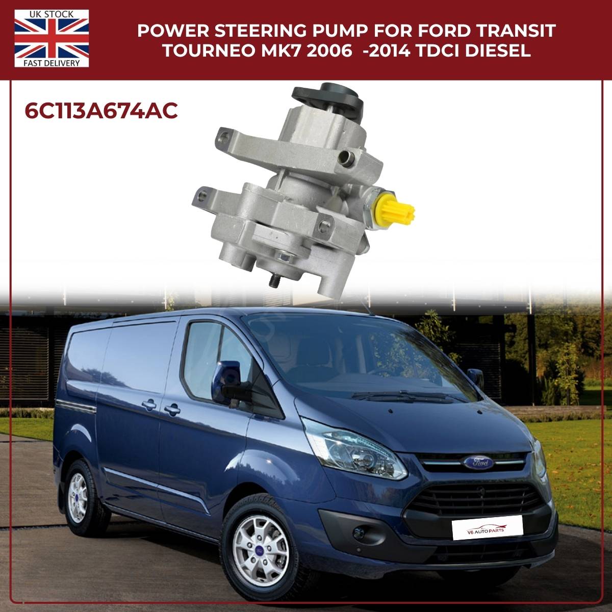 Power Steering Pump For Ford Transit Tourneo MK7 (2006 - 2014) TDCi diesel 6C113A674AC