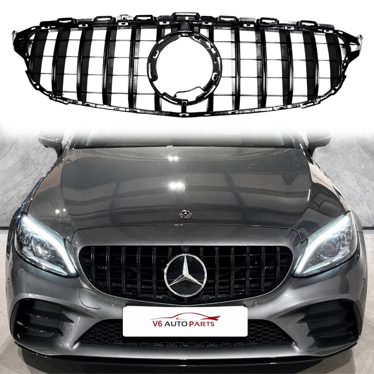 GT‑Style Gloss Black Front Radiator Grille for Mercedes‑Benz C‑Class W205 (2018‑2020 | C200, C43 AMG)