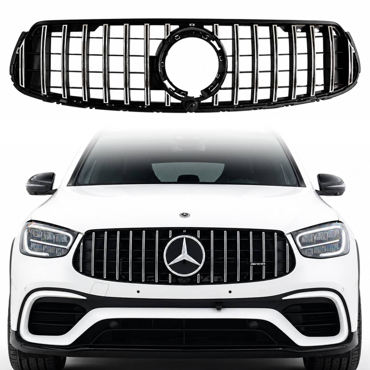 Front Bumper Chrome Slats GT Sport Grille | Fits 2019–2023 Mercedes-Benz GLC-Class W253/C253 Coupe GLC300 & GLC43 (Facelift)
