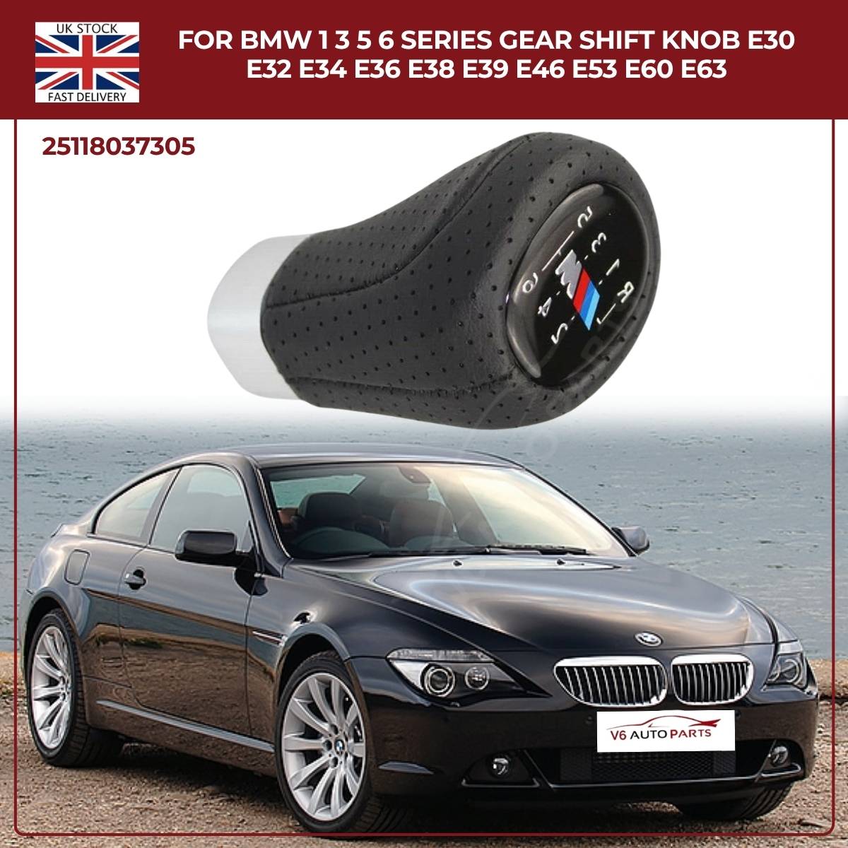 BMW 1 3 5 6 Series 6‑Speed Gear Shift Knob – Leather Top, ABS – Fits E30 E32 E34 E38 E39 E46 E53 E60 E63