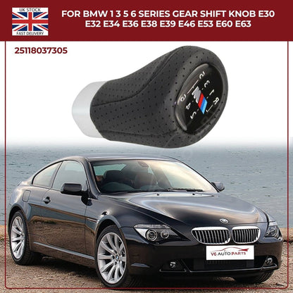 BMW 1 3 5 6 Series 6‑Speed Gear Shift Knob – Leather Top, ABS – Fits E30 E32 E34 E38 E39 E46 E53 E60 E63