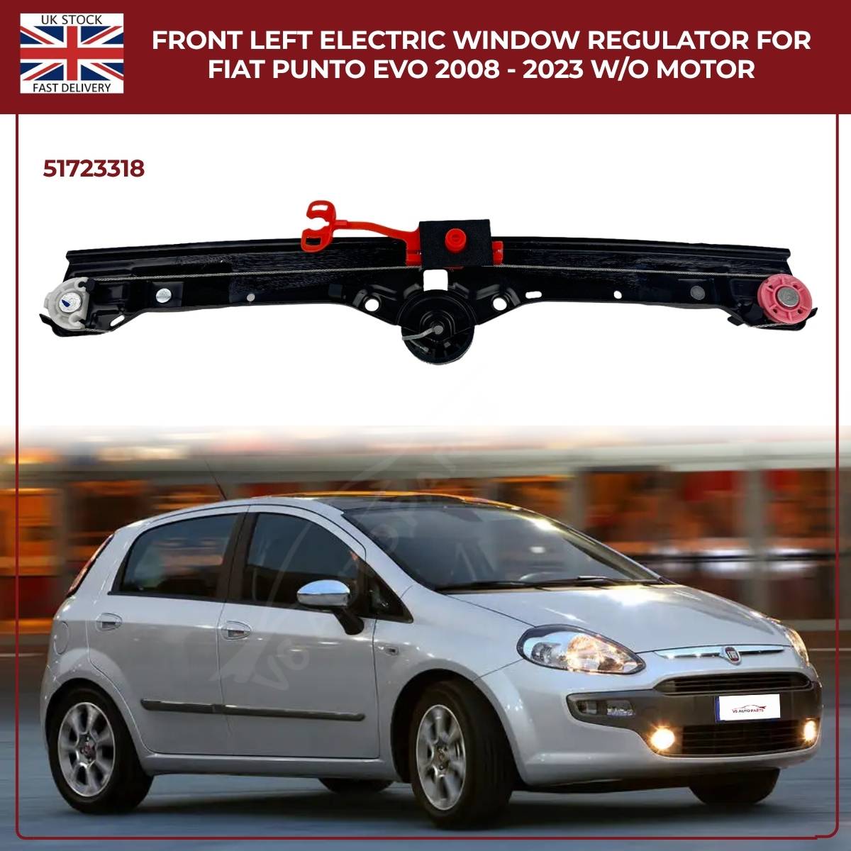Front Left Electric Window Regulator (No Motor) – Fits Fiat Grande Punto & Punto Evo 2005–2023 | OEM 51723318
