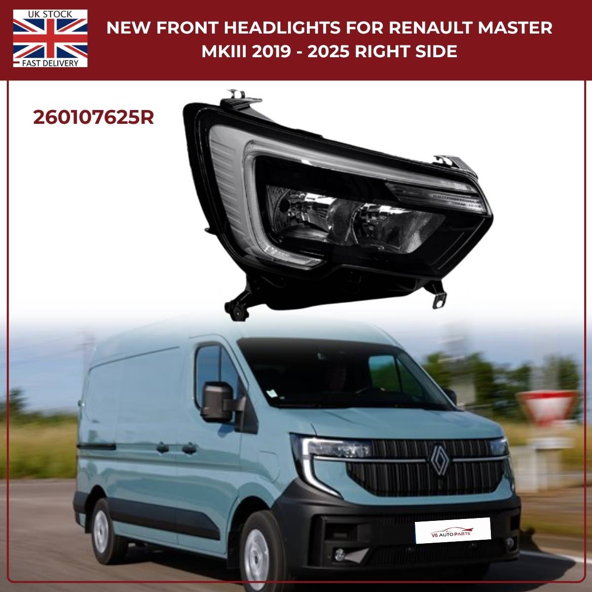 Renault Master 2019–2025 Front Right Headlight with LED DRL — Fits 2.3L, 2.5L, 3.0L Diesel