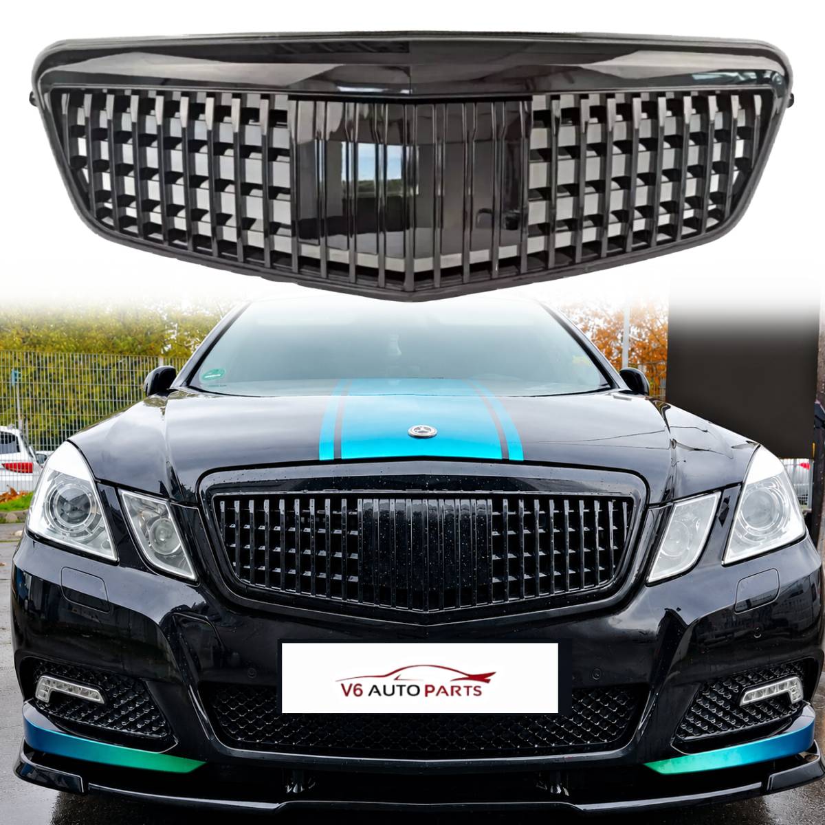 For Mercedes Benz E‑Class W212 (2009–2013) Maybach‑Style Glossy Black Front Radiator Grille – Fits E63 AMG Saloon