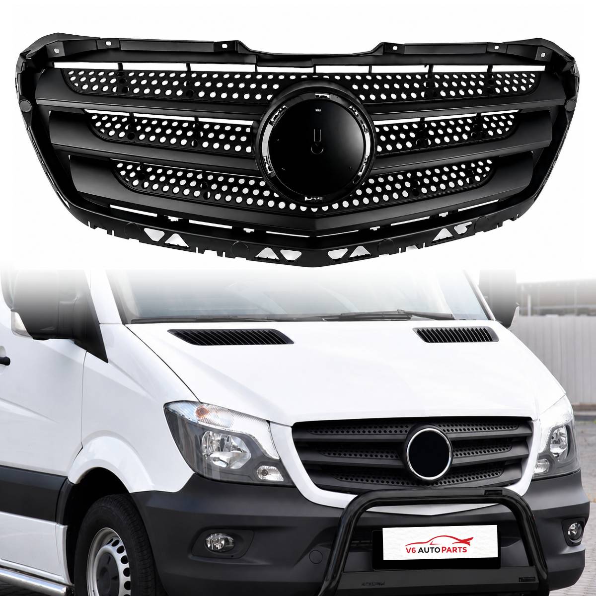 Front Bumper Radiator Grille for Mercedes-Benz Sprinter W906 319 CDI Van / Bus / Chassis Cab (2013–2017 Facelift) – Black, No Emblem