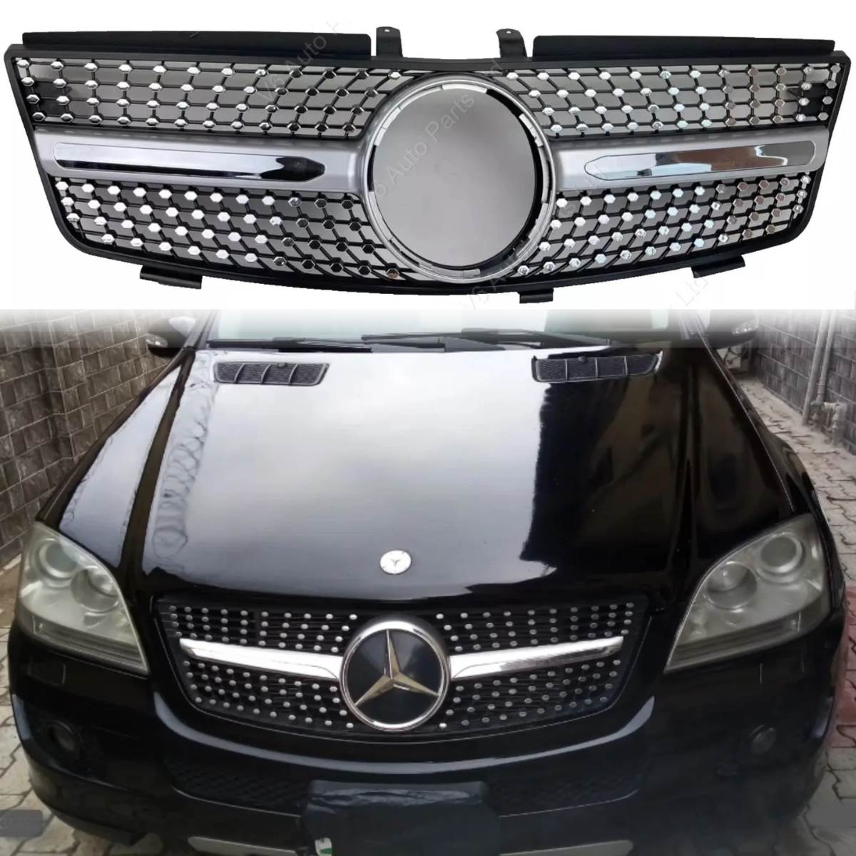 For Mercedes M‑Class W164 Front Radiator Diamond Chrome Grille 2005–2008 ML320 ML350 ML500 ML550 ML63 AMG