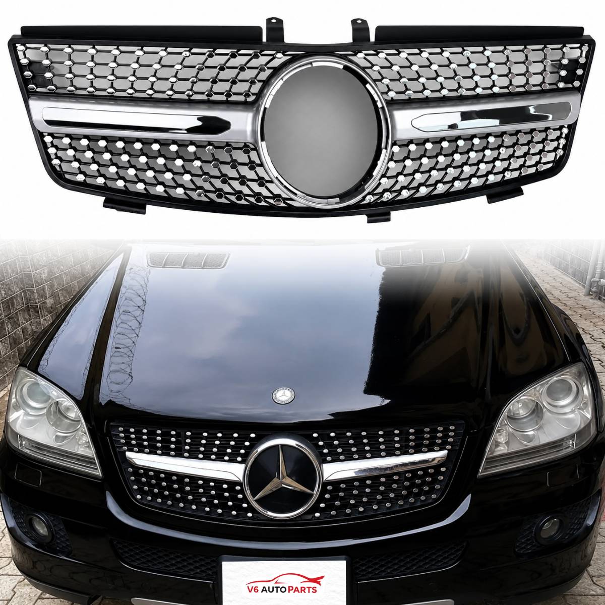 For Mercedes M‑Class W164 Front Radiator Diamond Chrome Grille 2005–2008 ML320 ML350 ML500 ML550 ML63 AMG