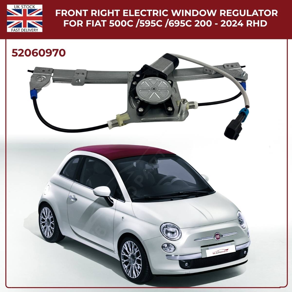 Fiat 500 Window Regulator – Front Right Driver Side (Electric, 2007–2020)