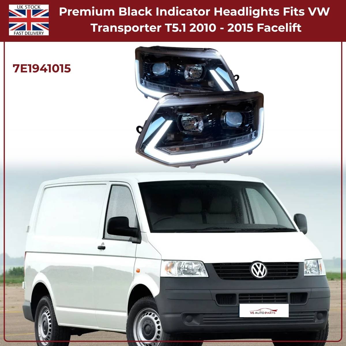 Black Dynamic LED Headlights with Sequential Indicators — VW Transporter T5 (2003‑2009, Facelift Models)
