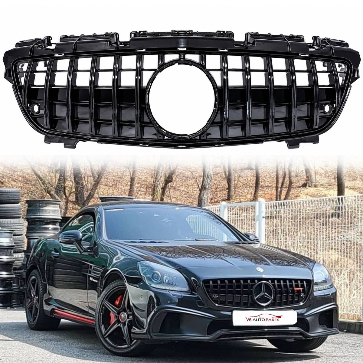 Front Black Panamericana GT-R Replacement Grille for Mercedes SLK-Class R172 (2011-2016) AMG Style, Distronic Compatible