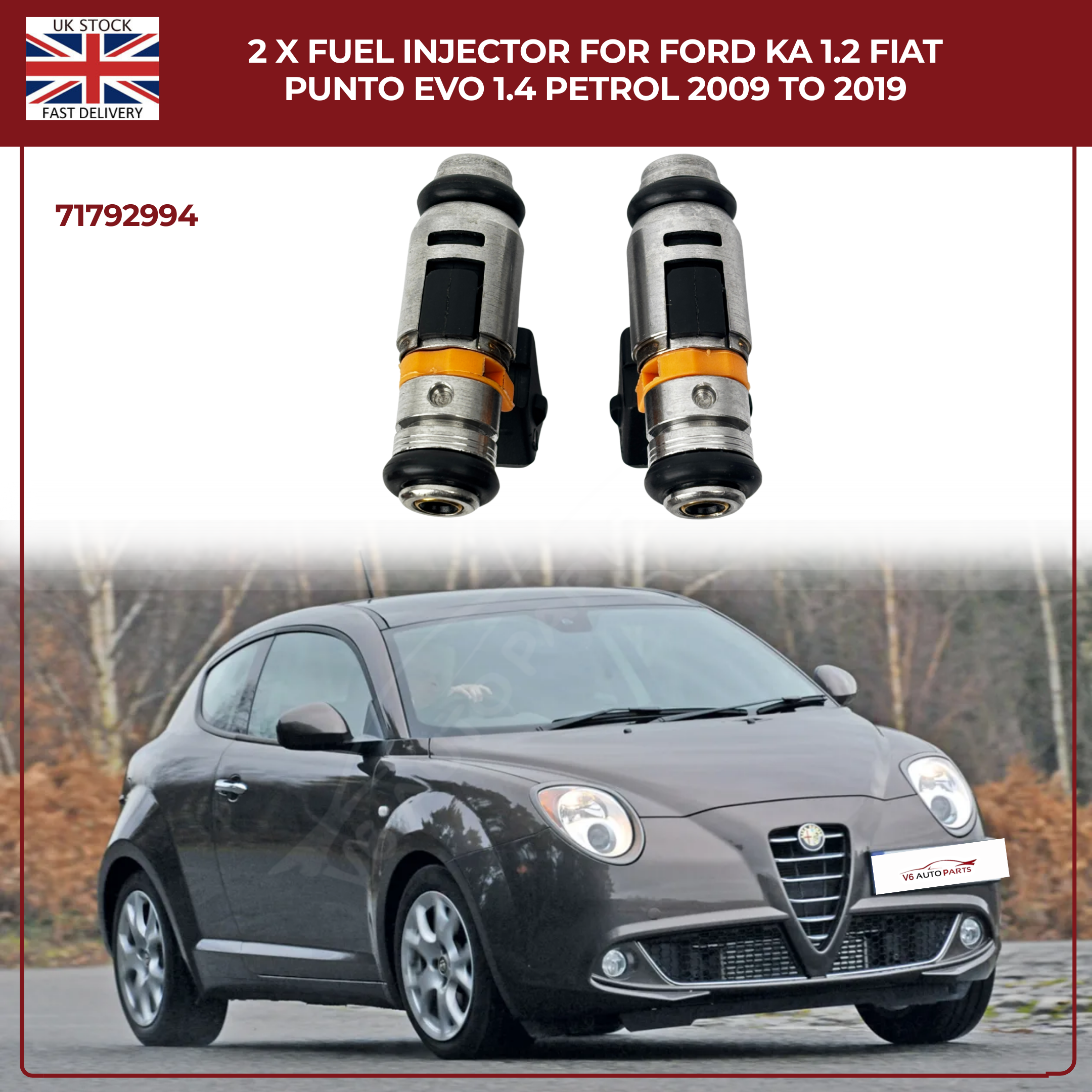 2 x Fuel injector For 09 To 2019 Ford Ka 1.2 Fiat Punto Evo 1.4 Petrol