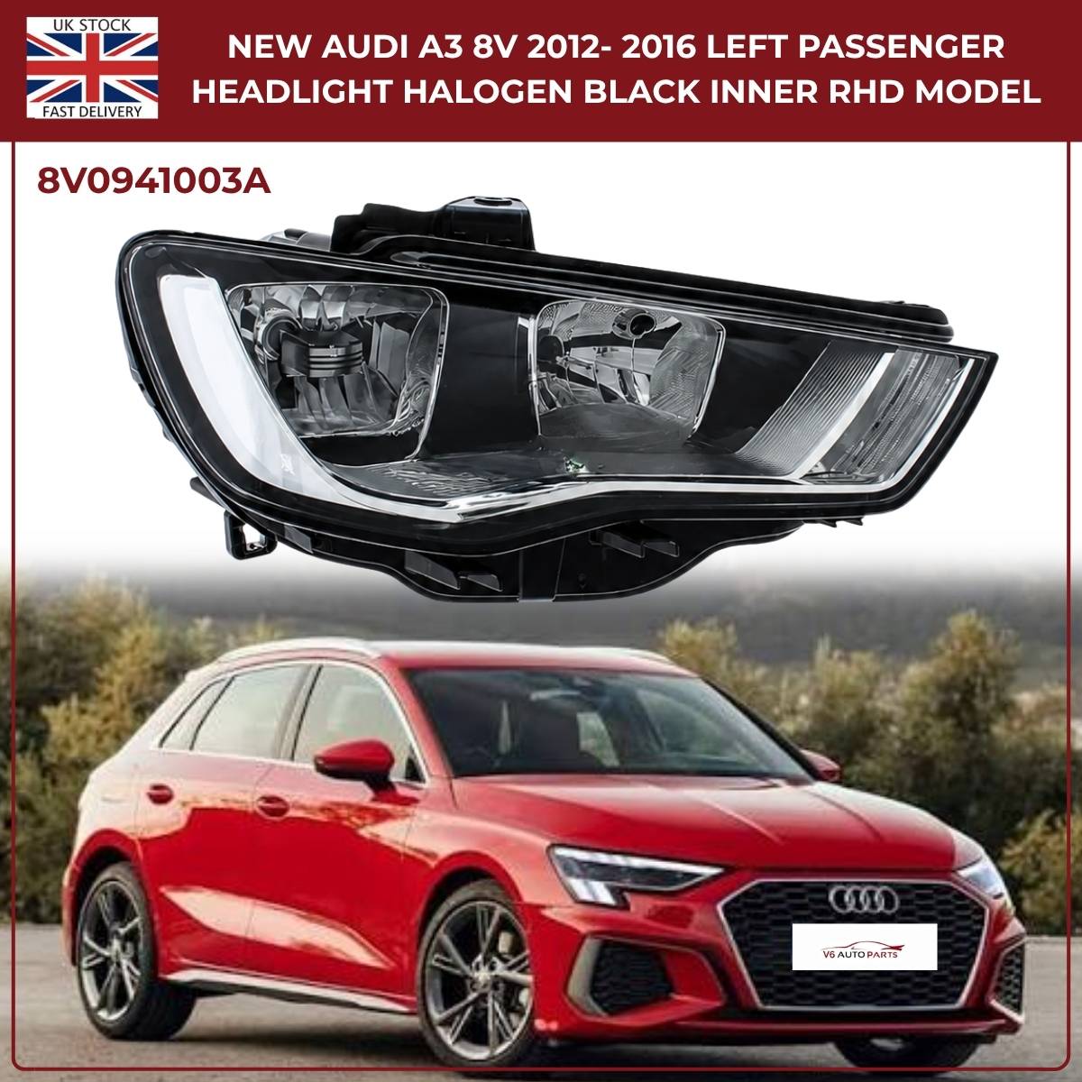 Audi A3 8V Halogen Headlight — Passenger Left (2012‑2016, Black Inner Bezel, OEM 8V0941003A)