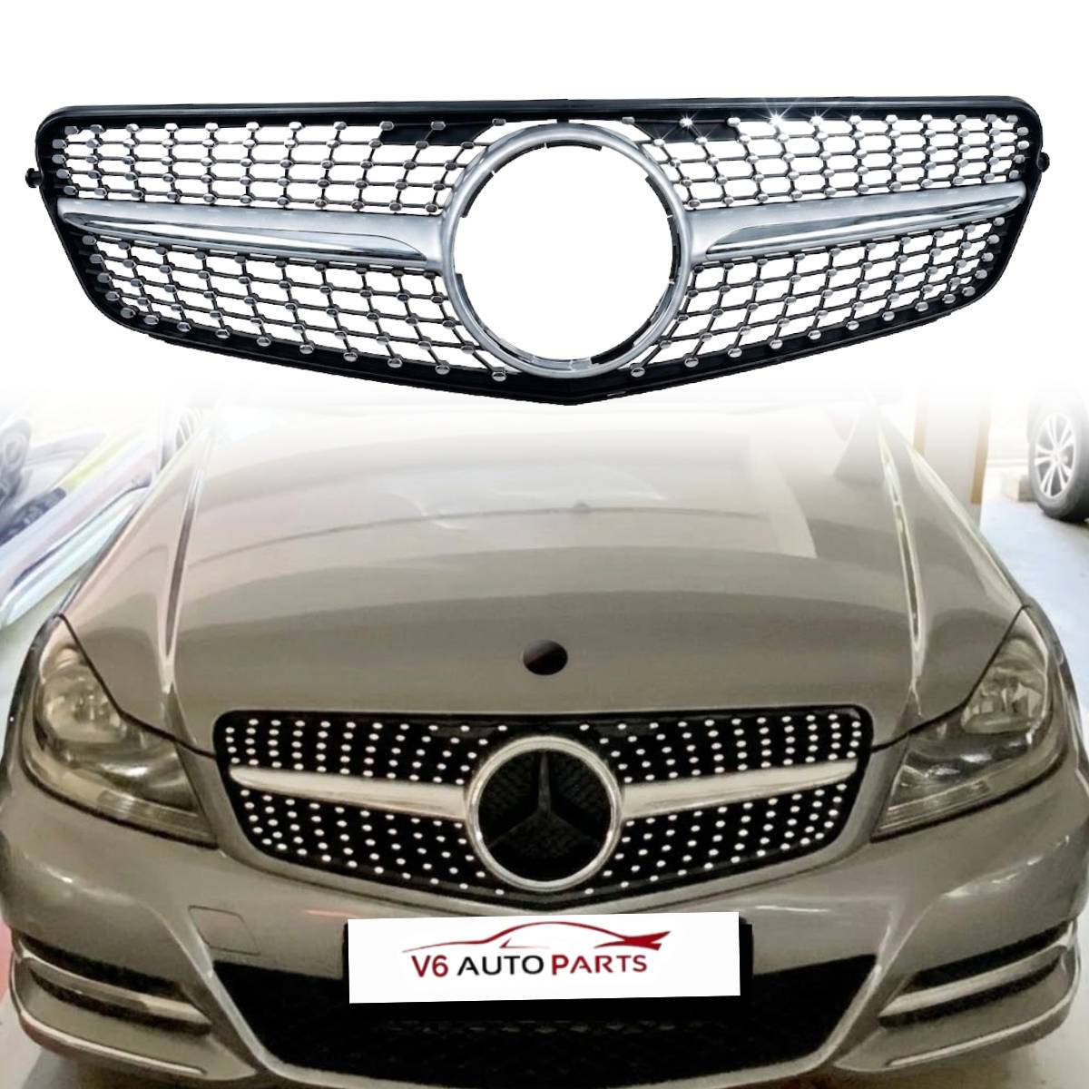 Front Bumper Diamond Chrome Grille for Mercedes‑Benz C‑Class W204 Saloon (2007–2014) | Fits C180, C220