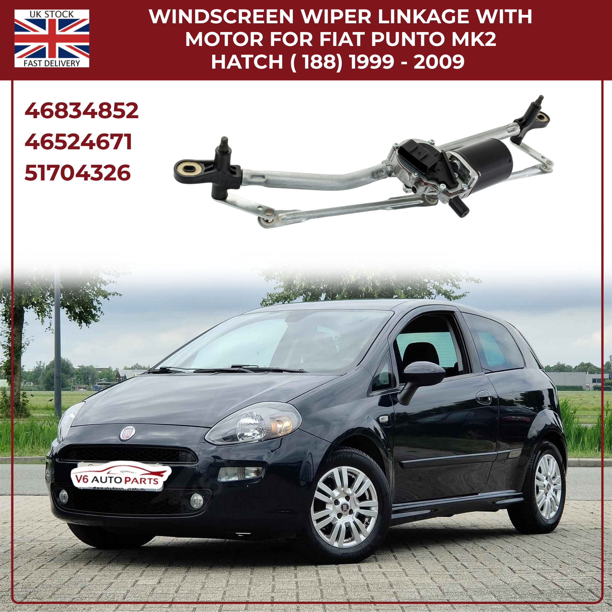 FRONT WINDSCREEN WIPER MOTOR AND LINKAGE FOR FIAT PUNTO MK2 HATCH 188 1999-2009