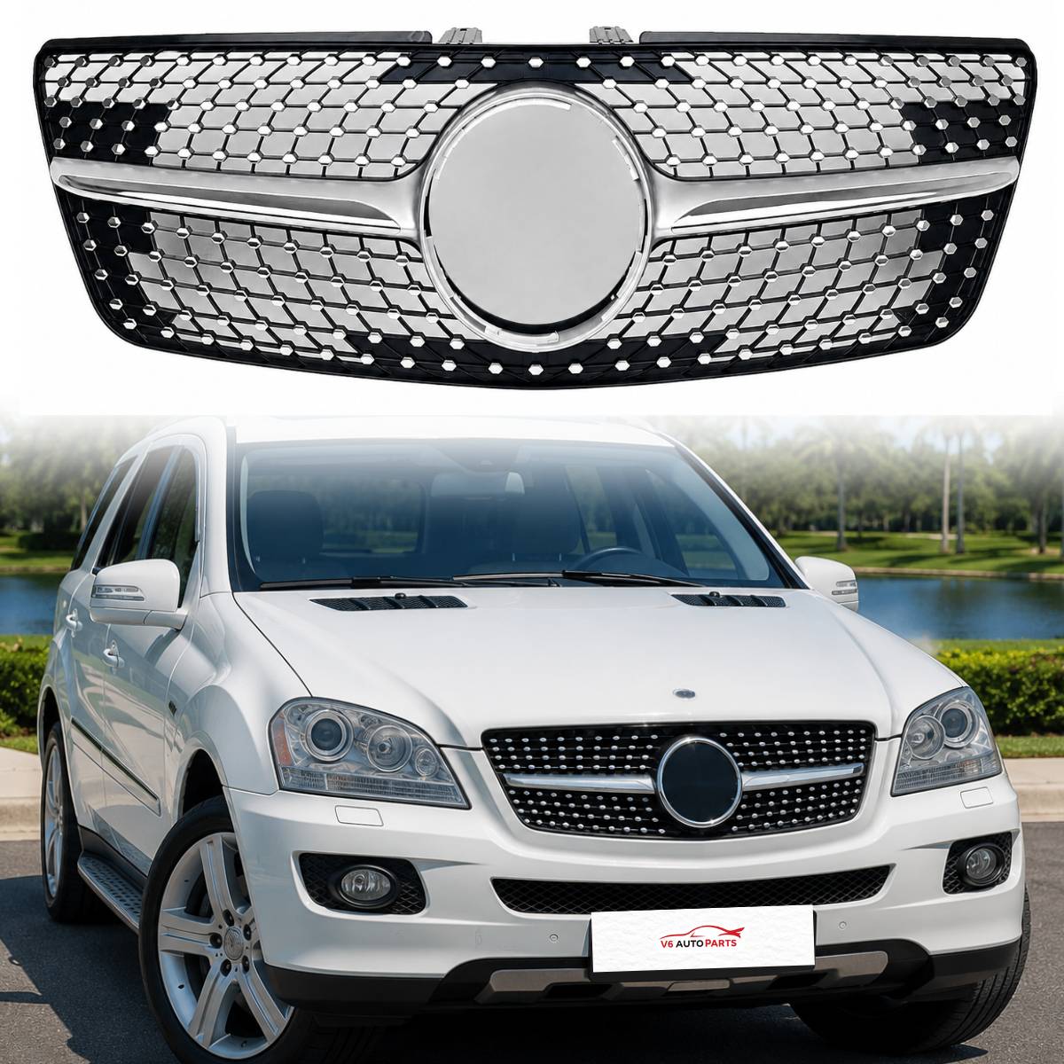 For Mercedes M-Class W164 Front Radiator Diamond Chrome Grille (2009–2012 ML320)