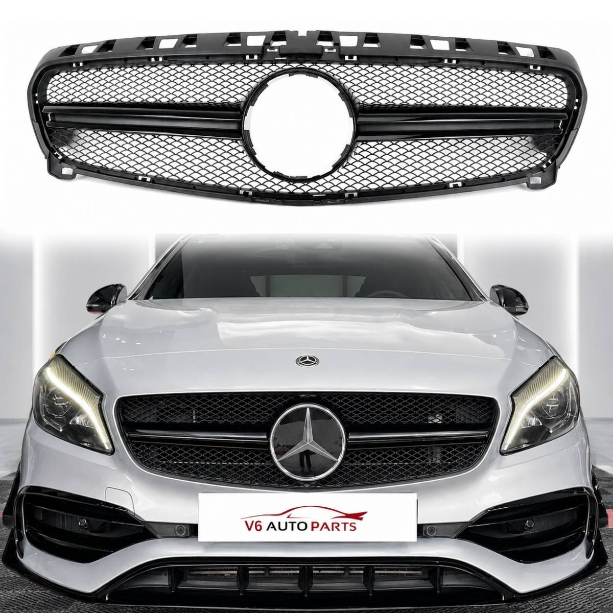 For Mercedes-Benz A-Class W176 Front Bumper AMG Sport Grille – Gloss Black (A45, A180, 2012–2015)