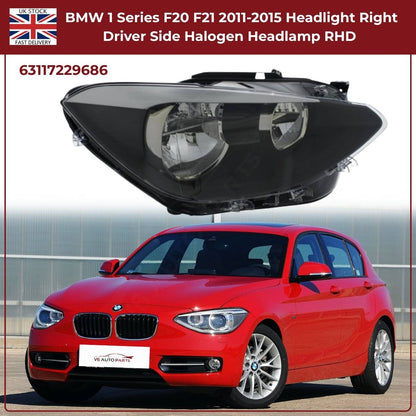 For BMW 1 Series F20/F21 Halogen Headlight – Right Side | 2011‑2015 RHD | Black Inner Housing | 63117229686