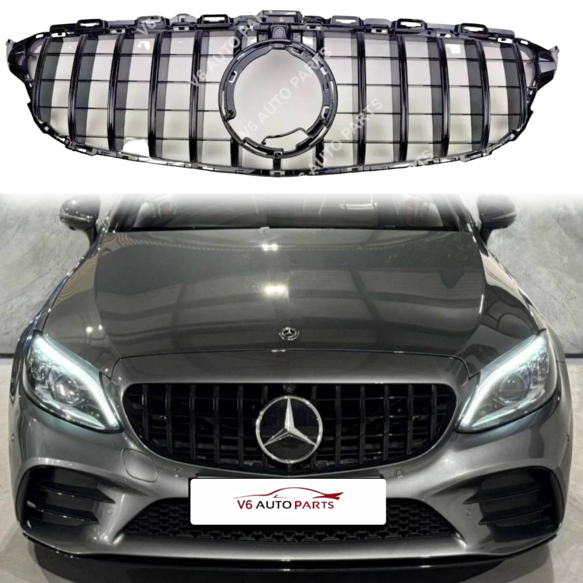 GT‑Style Gloss Black Front Radiator Grille for Mercedes‑Benz C‑Class W205 (2018‑2020 | C200, C43 AMG)