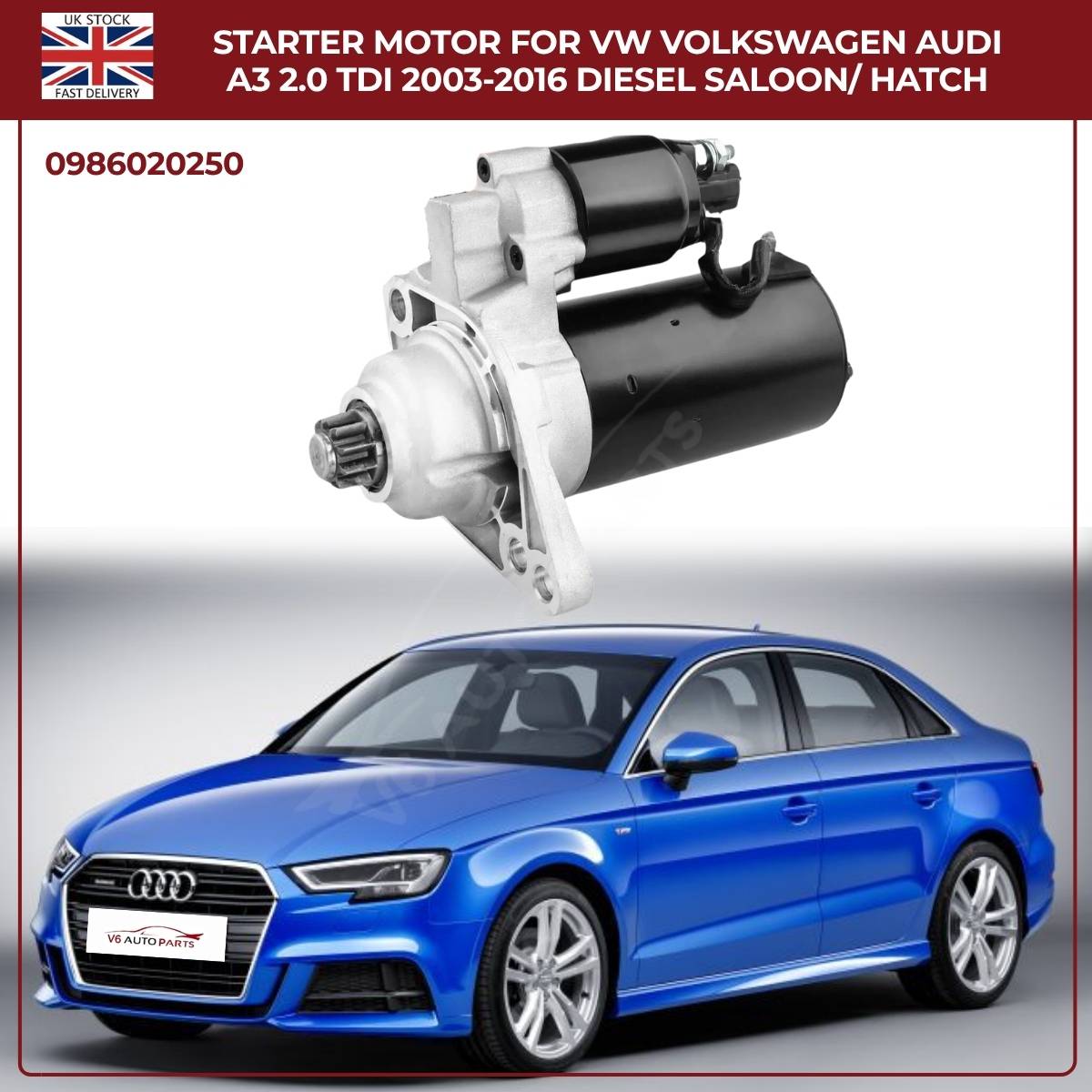 Starter Motor for VW & Audi A3 2.0 TDI (2003–2016) Diesel Saloon/Hatchback