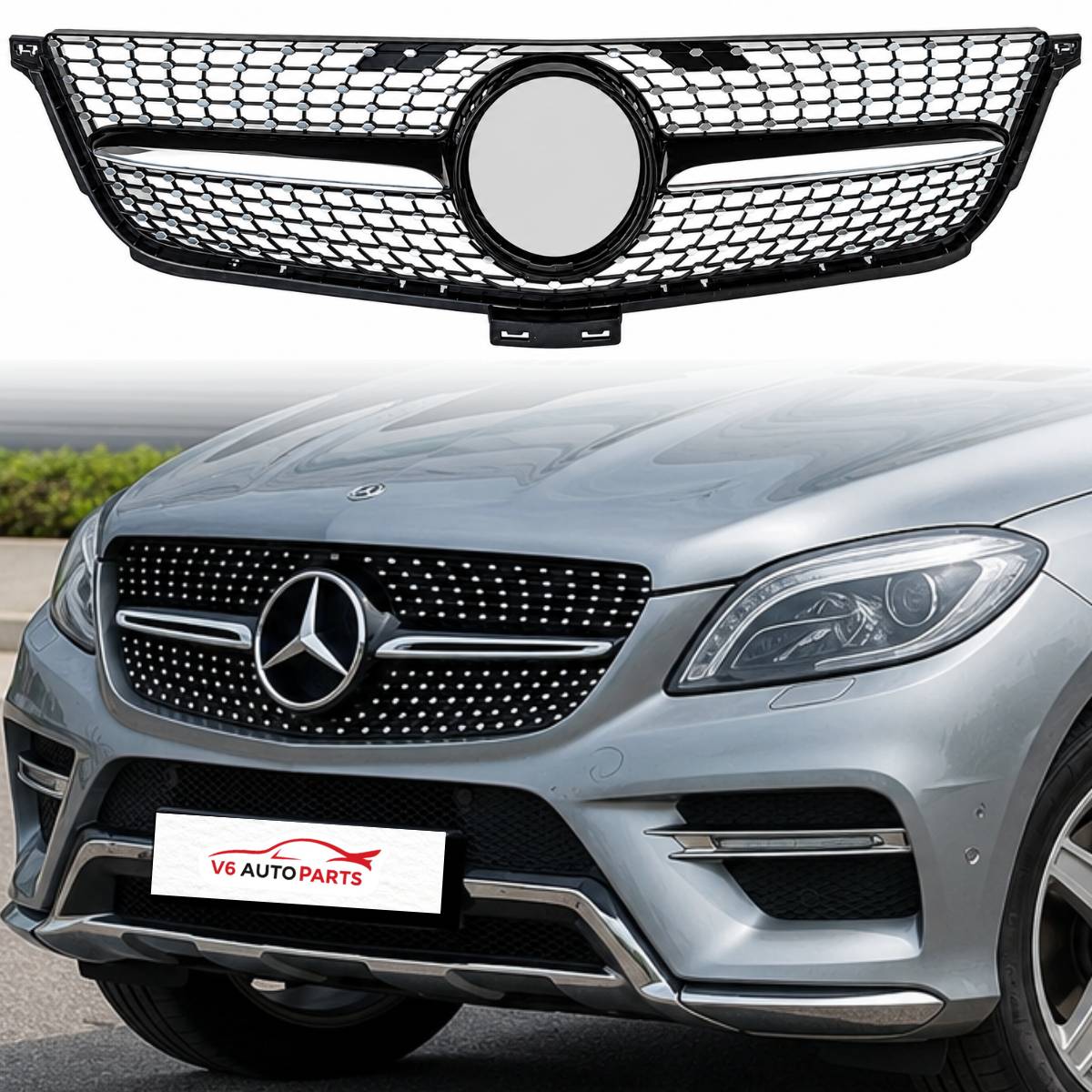 For Mercedes M‑Class X166 ML63 AMG Front Radiator Diamond Grille Black Chrome (2011–2016)