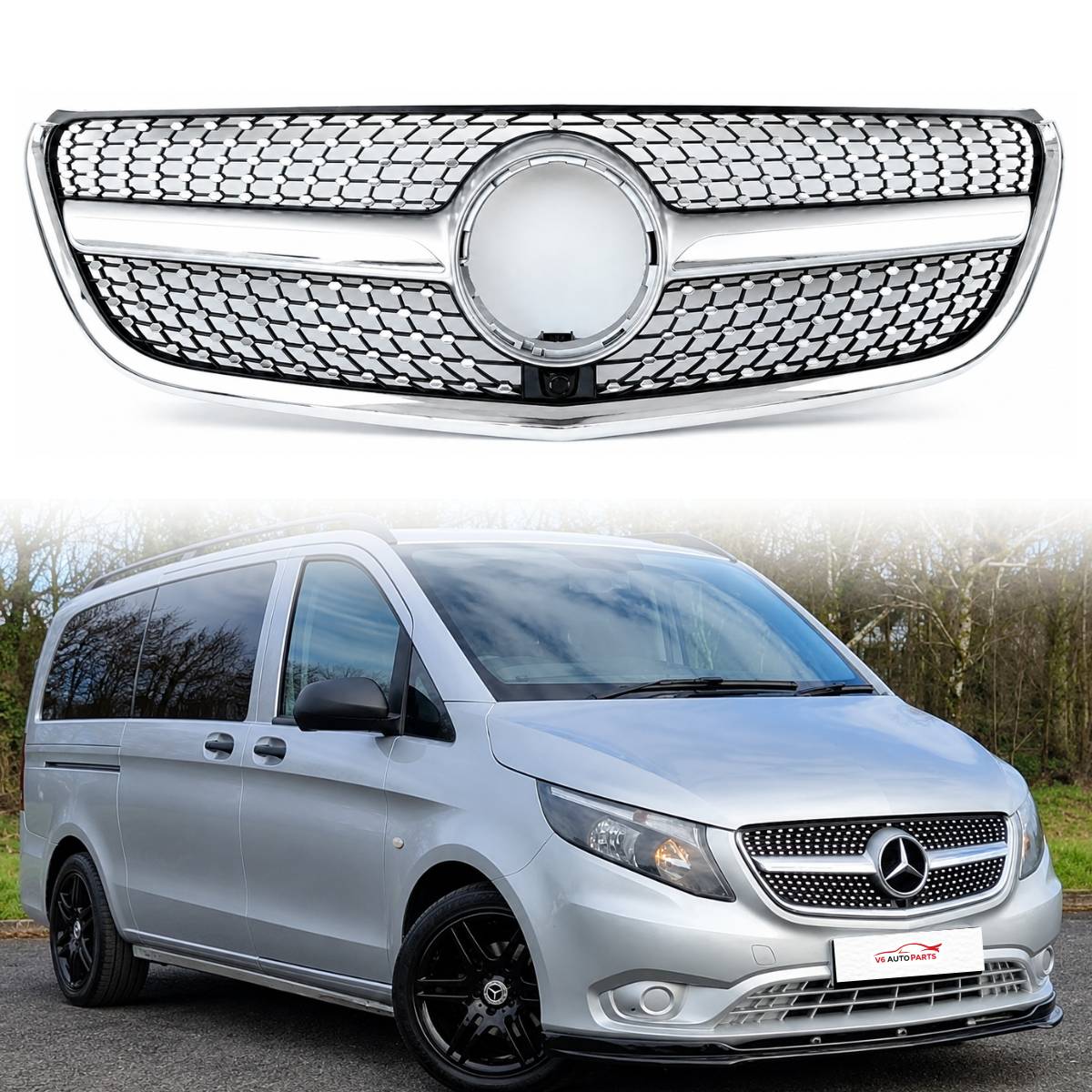 168CF Frontstoßstange Diamond Silver Grille für 2014–2022 Benz VITO BOX VAN W447 Chrom 